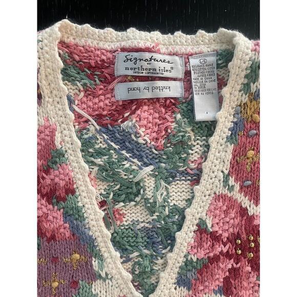 VTG Signatures Northern Isle Sweater Vest Women Large Floral Hand Knit - Picture 4 of 6